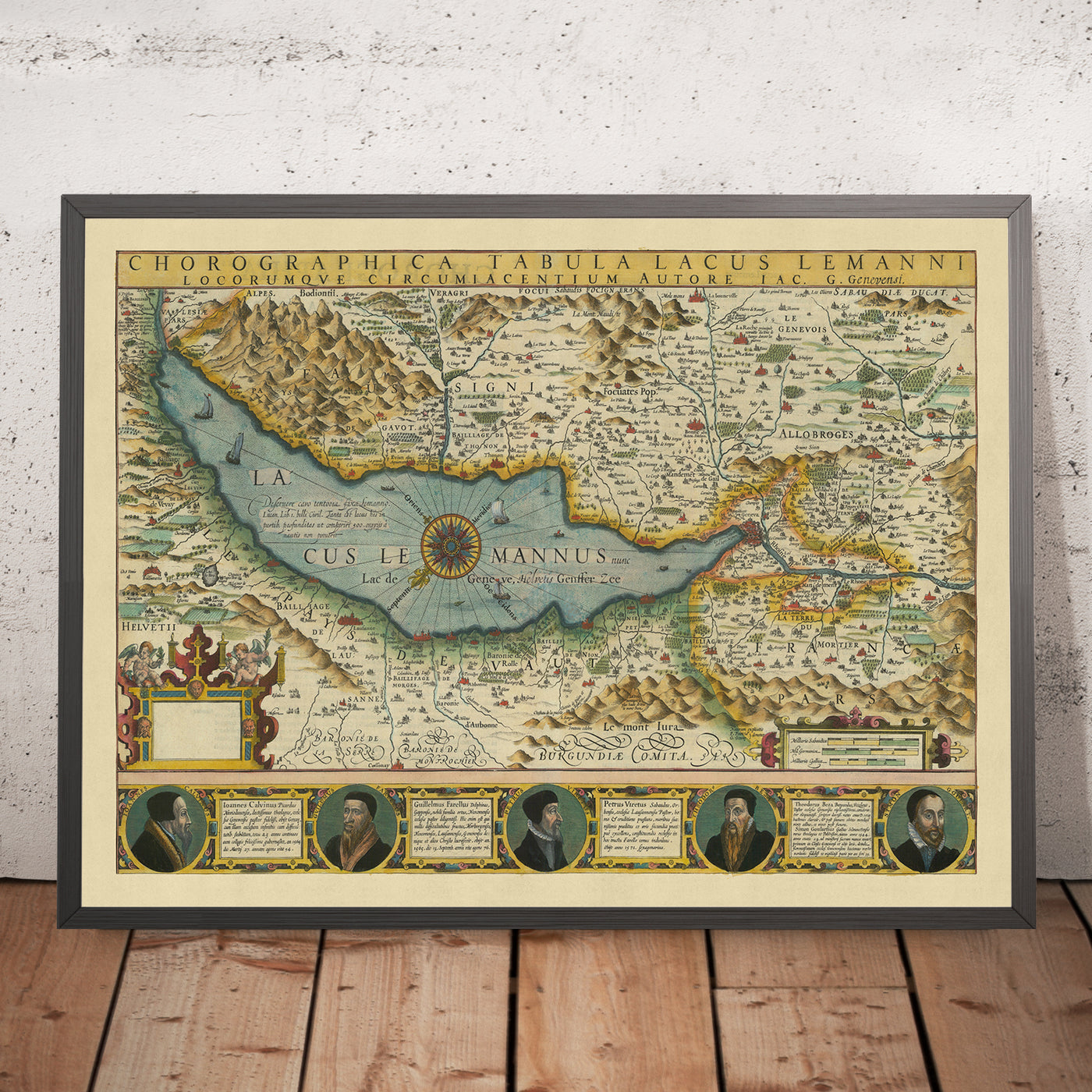 Old Map of Lake and Canton of Geneva by Hondius, 1606: Lausanne, The Alps, Lake Geneva, Rhone River