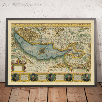 Old Map of Lake and Canton of Geneva by Hondius, 1606: Lausanne, The Alps, Lake Geneva, Rhone River