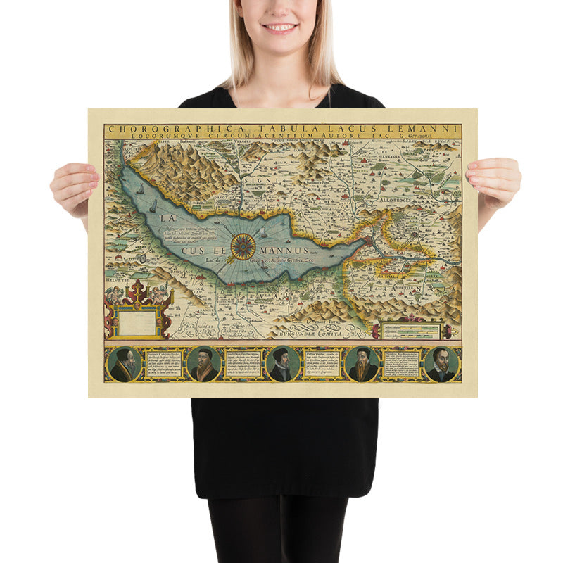 Old Map of Lake and Canton of Geneva by Hondius, 1606: Lausanne, The Alps, Lake Geneva, Rhone River