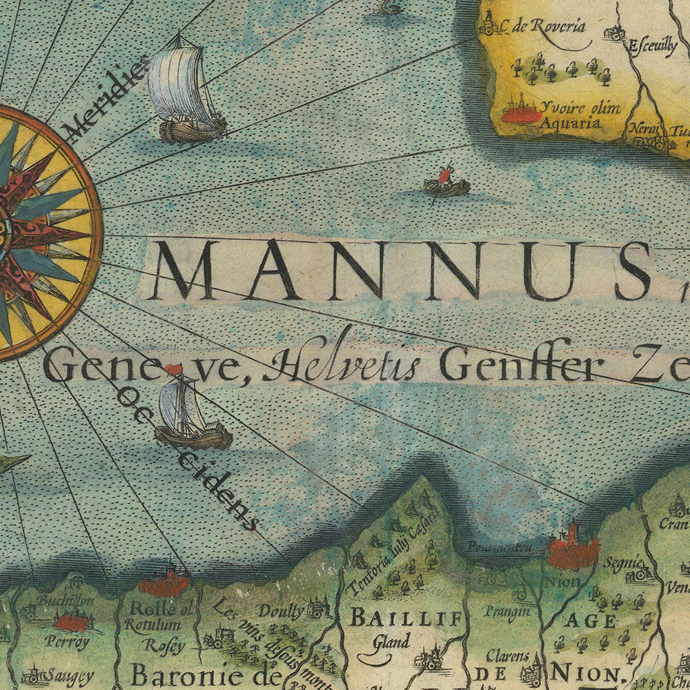 Old Map of Lake and Canton of Geneva by Hondius, 1606: Lausanne, The Alps, Lake Geneva, Rhone River