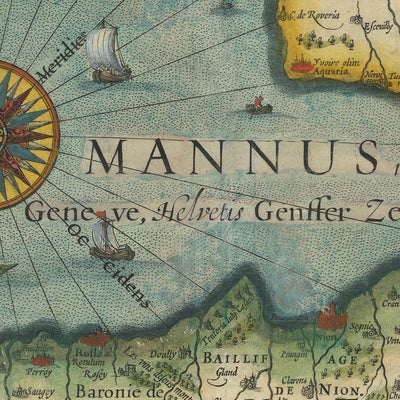 Old Map of Lake and Canton of Geneva by Hondius, 1606: Lausanne, The Alps, Lake Geneva, Rhone River