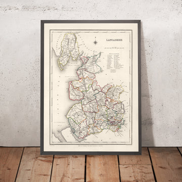 Ancienne carte du Lancashire par Samuel Lewis, 1844 : Manchester, Liverpool, Preston, Blackburn et Oldham 