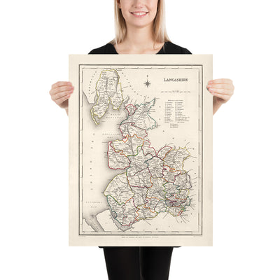 Alte Karte von Lancashire von Samuel Lewis, 1844: Manchester, Liverpool, Preston, Blackburn und Oldham 