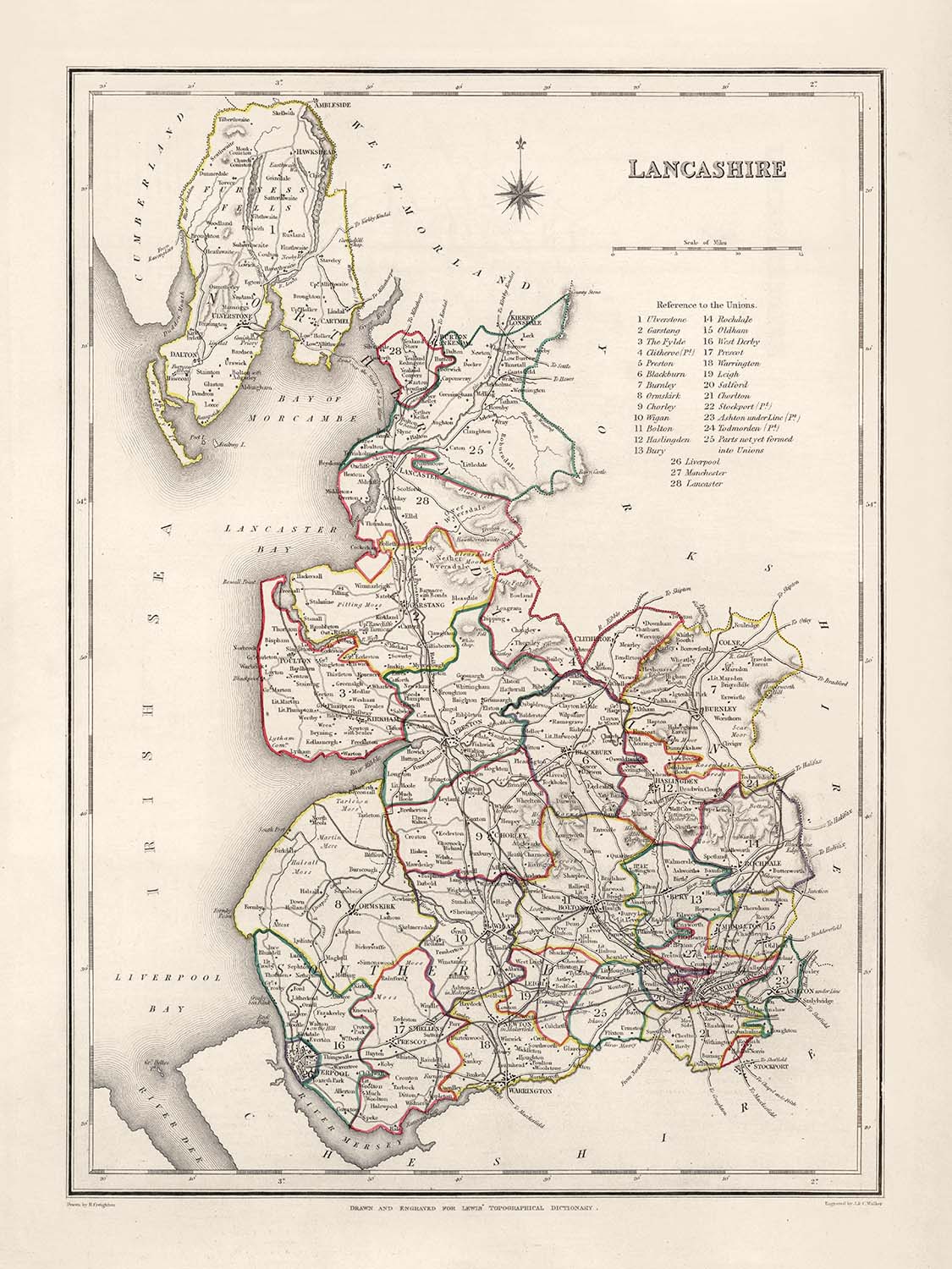 Alte Karte von Lancashire von Samuel Lewis, 1844: Manchester, Liverpool, Preston, Blackburn und Oldham 