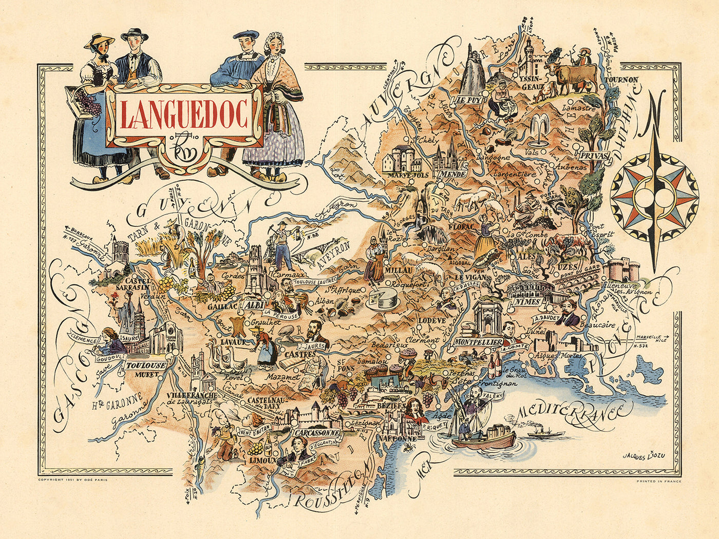 Old Map of Languedoc, France by Jacques Liozu in 1951: Carcassone, Montpellier, Nimes, Albi, Pictorial Illustrations