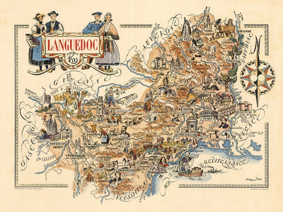 Old Map of Languedoc, France by Jacques Liozu in 1951: Carcassone, Montpellier, Nimes, Albi, Pictorial Illustrations