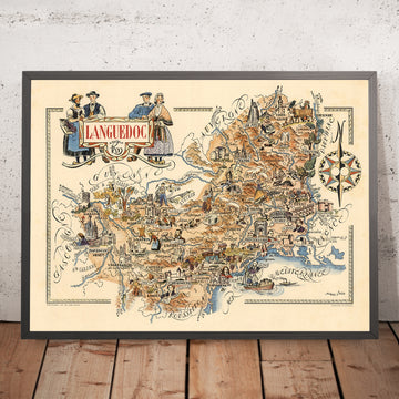 Mappa antica del Languedoc, Francia di Jacques Liozu nel 1951: Carcassonne, Montpellier, Nîmes, Albi, Illustrazioni pittoriche 