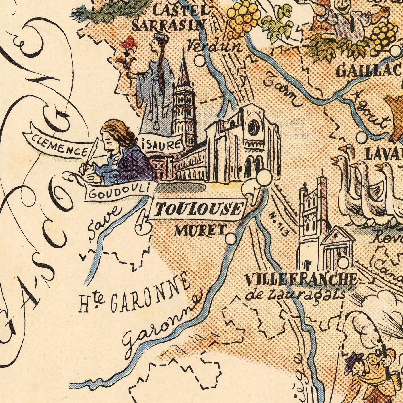 Old Map of Languedoc, France by Jacques Liozu in 1951: Carcassone, Montpellier, Nimes, Albi, Pictorial Illustrations