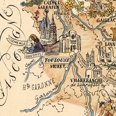 Old Map of Languedoc, France by Jacques Liozu in 1951: Carcassone, Montpellier, Nimes, Albi, Pictorial Illustrations