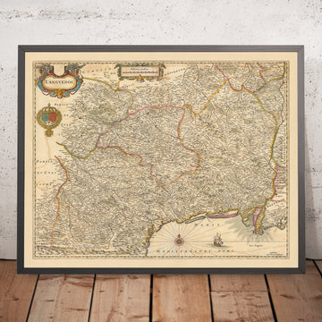 Antica mappa del Languedoc, Francia di Visscher, 1690: Tolosa, Montpellier, Perpignan, Avignone, Parco Nazionale delle Cévennes 