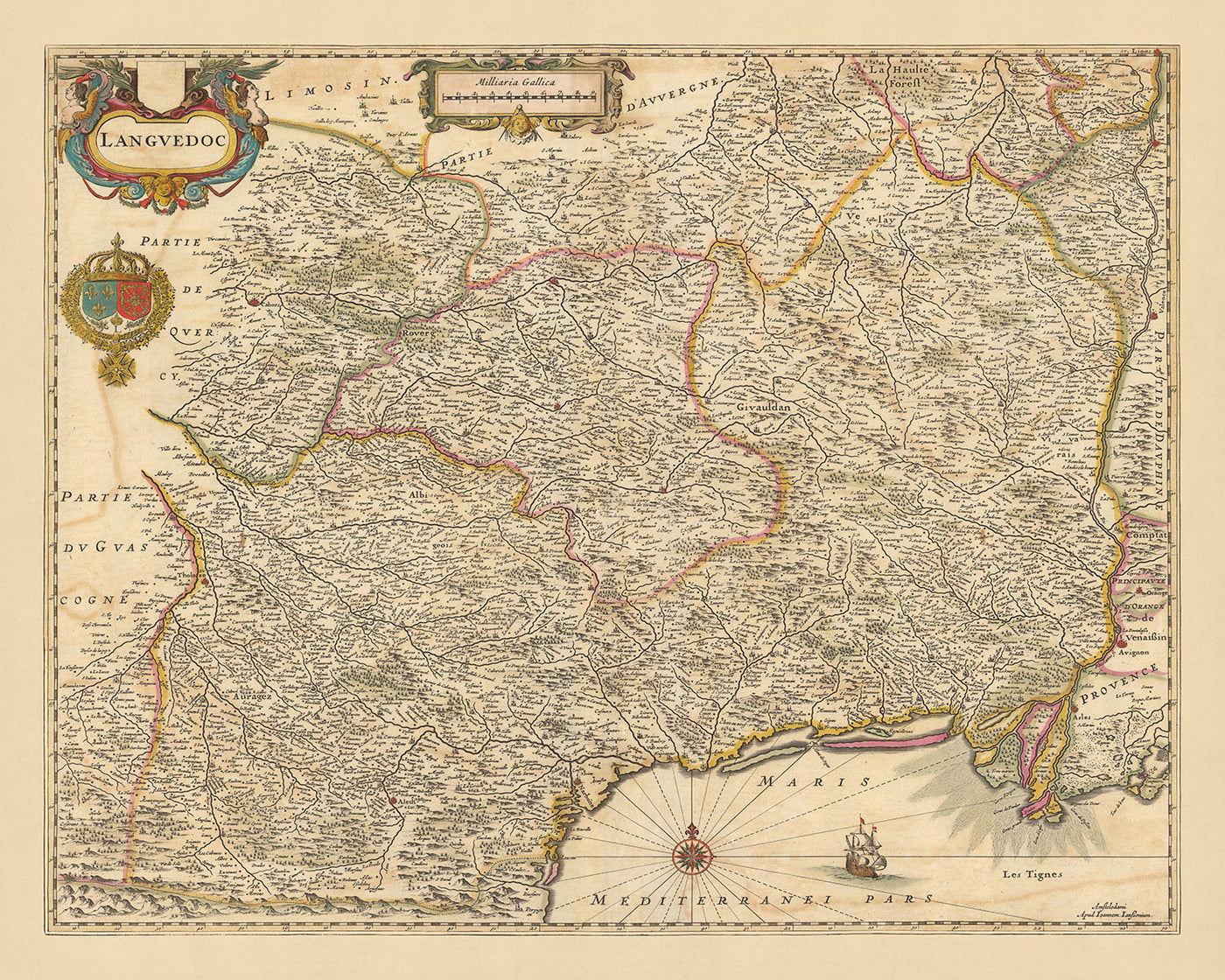 Old Map of Languedoc, France by Visscher, 1690: Toulouse, Montpelier, Perpignan, Avignon, Cévennes National Park