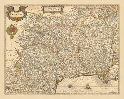 Old Map of Languedoc, France by Visscher, 1690: Toulouse, Montpelier, Perpignan, Avignon, Cévennes National Park