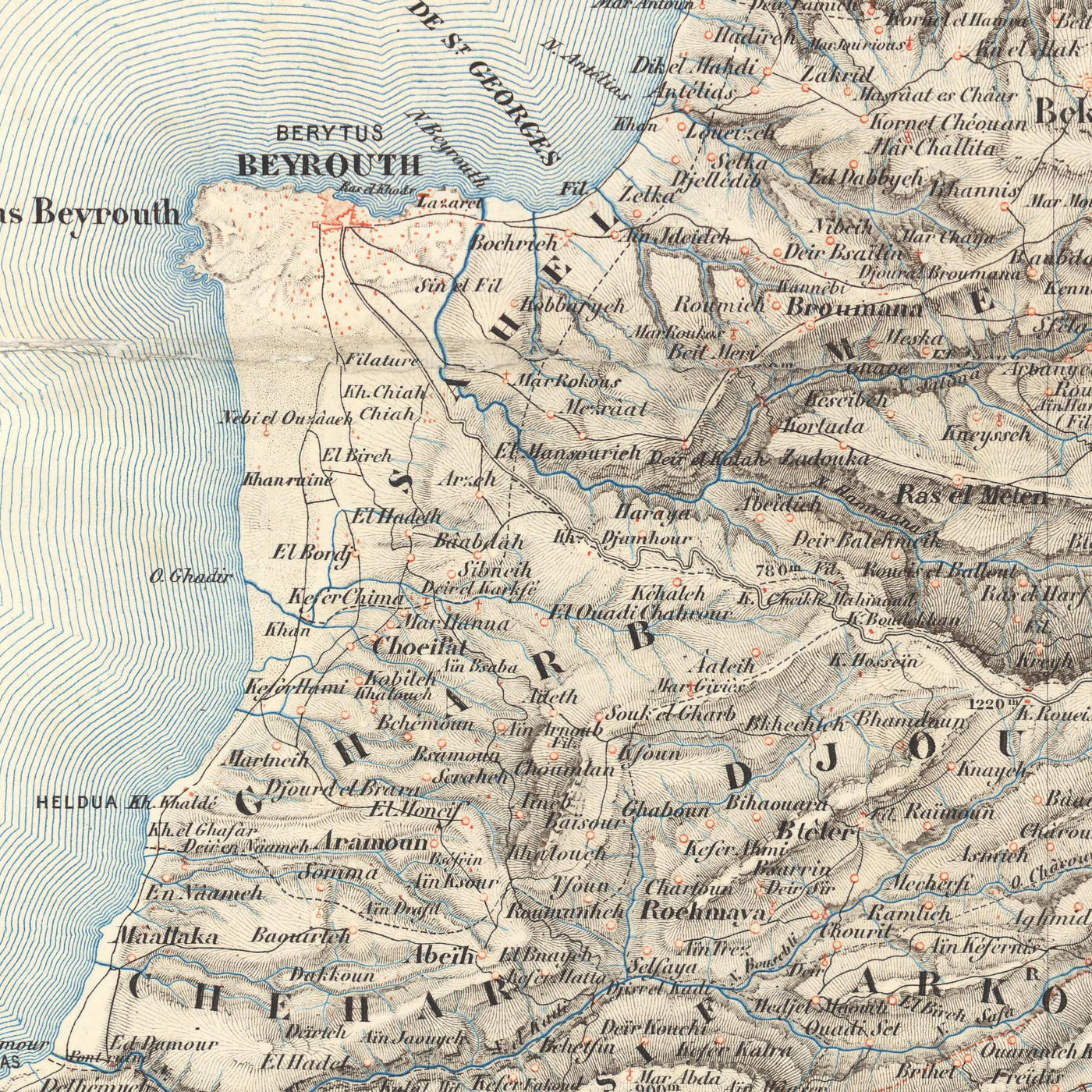 Mapa antiguo del Líbano por Depot De La Guerre, 1862: Beirut, Trípoli, Sidón, Tiro, Biblos