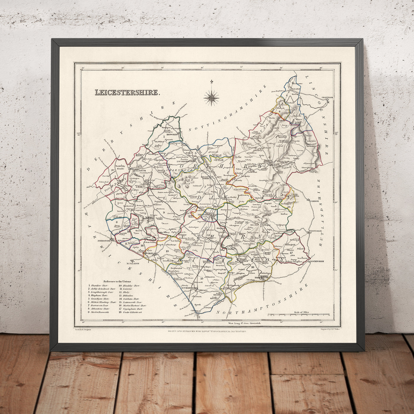 Alte Karte von Leicestershire von Samuel Lewis, 1844: Leicester, Melton Mowbray, Loughborough, Hinckley, Ashby-de-la-Zouch 