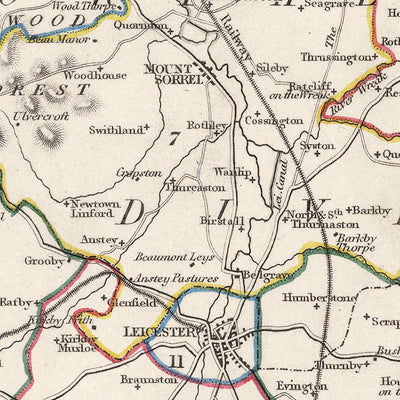 Alte Karte von Leicestershire von Samuel Lewis, 1844: Leicester, Melton Mowbray, Loughborough, Hinckley, Ashby-de-la-Zouch 