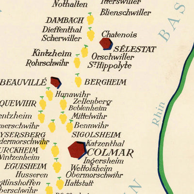 Old Wine Map of Alsace by Hetreau, 1954: Strasbourg, Colmar, Wine Regions