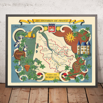 Mapa antiguo del vino de Burdeos por Hetreau, 1954: Burdeos, Saint-Émilion, Pomerol, Médoc, Garona 