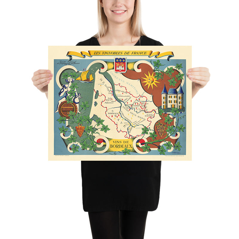 Mapa antiguo del vino de Burdeos por Hetreau, 1954: Burdeos, Saint-Émilion, Pomerol, Médoc, Garona 