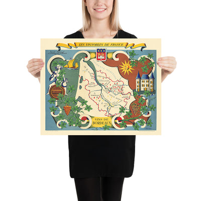 Mapa antiguo del vino de Burdeos por Hetreau, 1954: Burdeos, Saint-Émilion, Pomerol, Médoc, Garona 