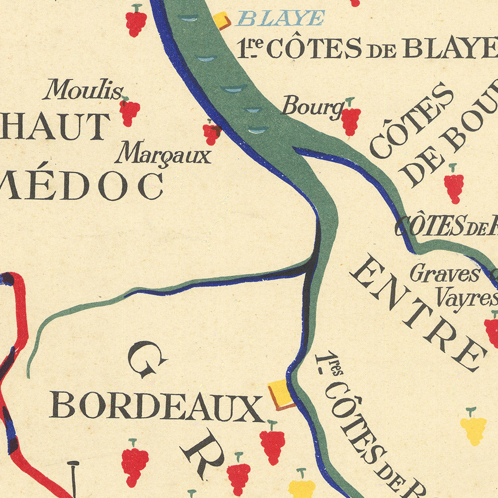 Mapa antiguo del vino de Burdeos por Hetreau, 1954: Burdeos, Saint-Émilion, Pomerol, Médoc, Garona 