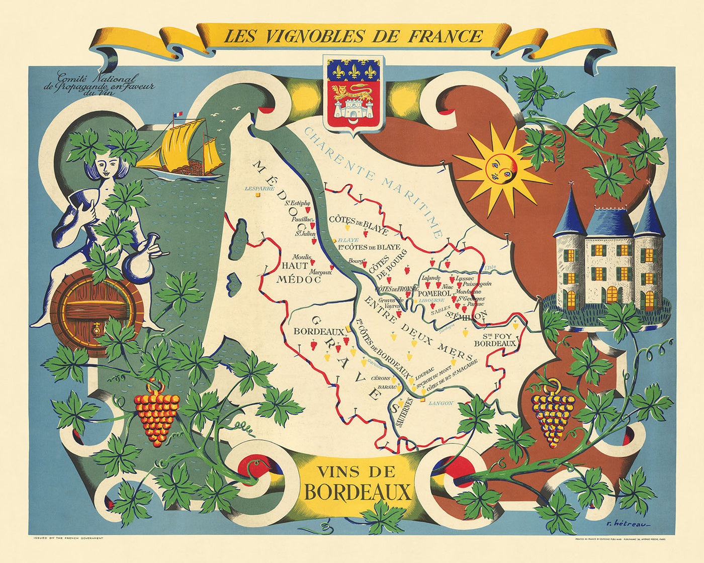 Mapa antiguo del vino de Burdeos por Hetreau, 1954: Burdeos, Saint-Émilion, Pomerol, Médoc, Garona 