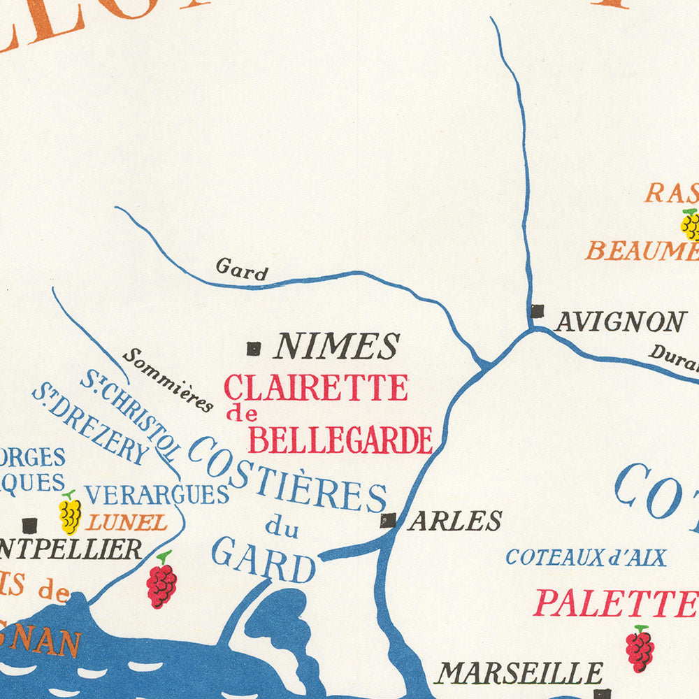 Mapa antiguo del vino de Roussillon y Provenza por Hetreau, 1954: Marsella, Niza, Montpellier, Nîmes, Toulon 