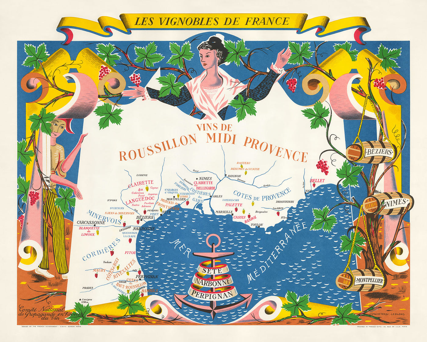 Mapa antiguo del vino de Roussillon y Provenza por Hetreau, 1954: Marsella, Niza, Montpellier, Nîmes, Toulon 