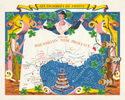 Mapa antiguo del vino de Roussillon y Provenza por Hetreau, 1954: Marsella, Niza, Montpellier, Nîmes, Toulon 