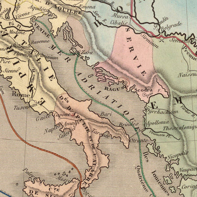 Ancienne carte des croisades en Europe et au Moyen-Orient, 1838 : itinéraires, Antioche, Jérusalem, Constantinople, Terre Sainte 