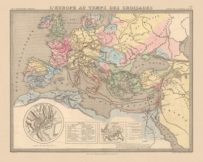 Ancienne carte des croisades en Europe et au Moyen-Orient, 1838 : itinéraires, Antioche, Jérusalem, Constantinople, Terre Sainte 