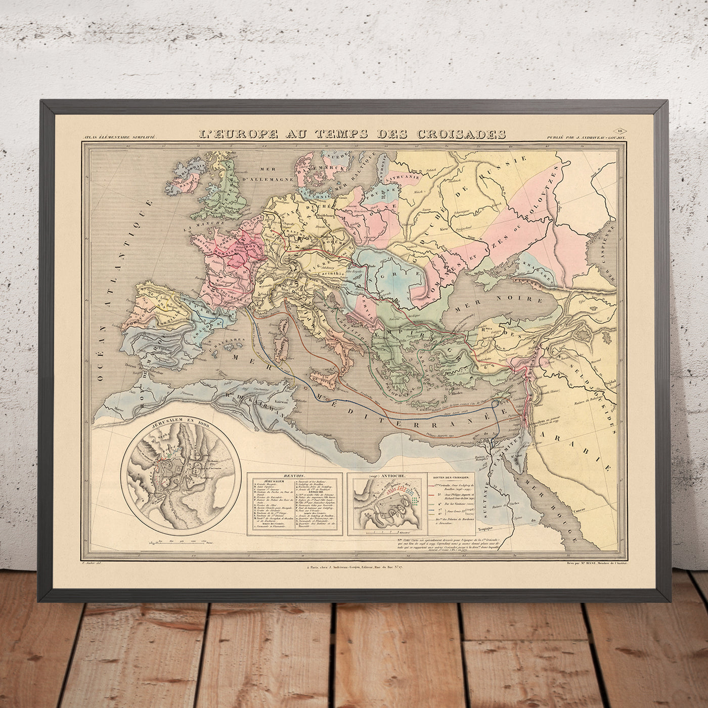 Ancienne carte des croisades en Europe et au Moyen-Orient, 1838 : itinéraires, Antioche, Jérusalem, Constantinople, Terre Sainte 