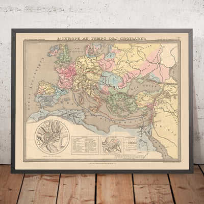 Ancienne carte des croisades en Europe et au Moyen-Orient, 1838 : itinéraires, Antioche, Jérusalem, Constantinople, Terre Sainte 