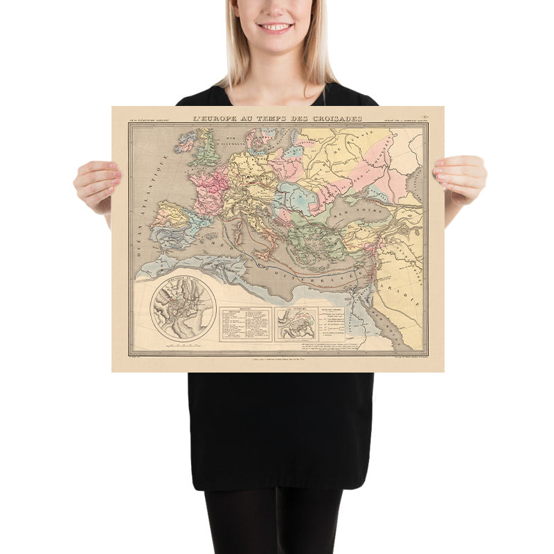 Ancienne carte des croisades en Europe et au Moyen-Orient, 1838 : itinéraires, Antioche, Jérusalem, Constantinople, Terre Sainte 