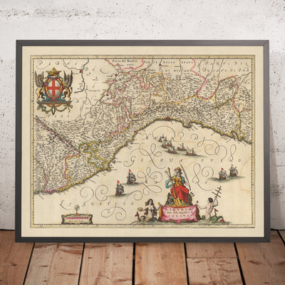 Ancienne carte de la Ligurie et de la République de Gênes par Visscher, 1690 : La Spezia, Nice, Turin, Sanremo, Parc Naturel des Alpes Maritimes