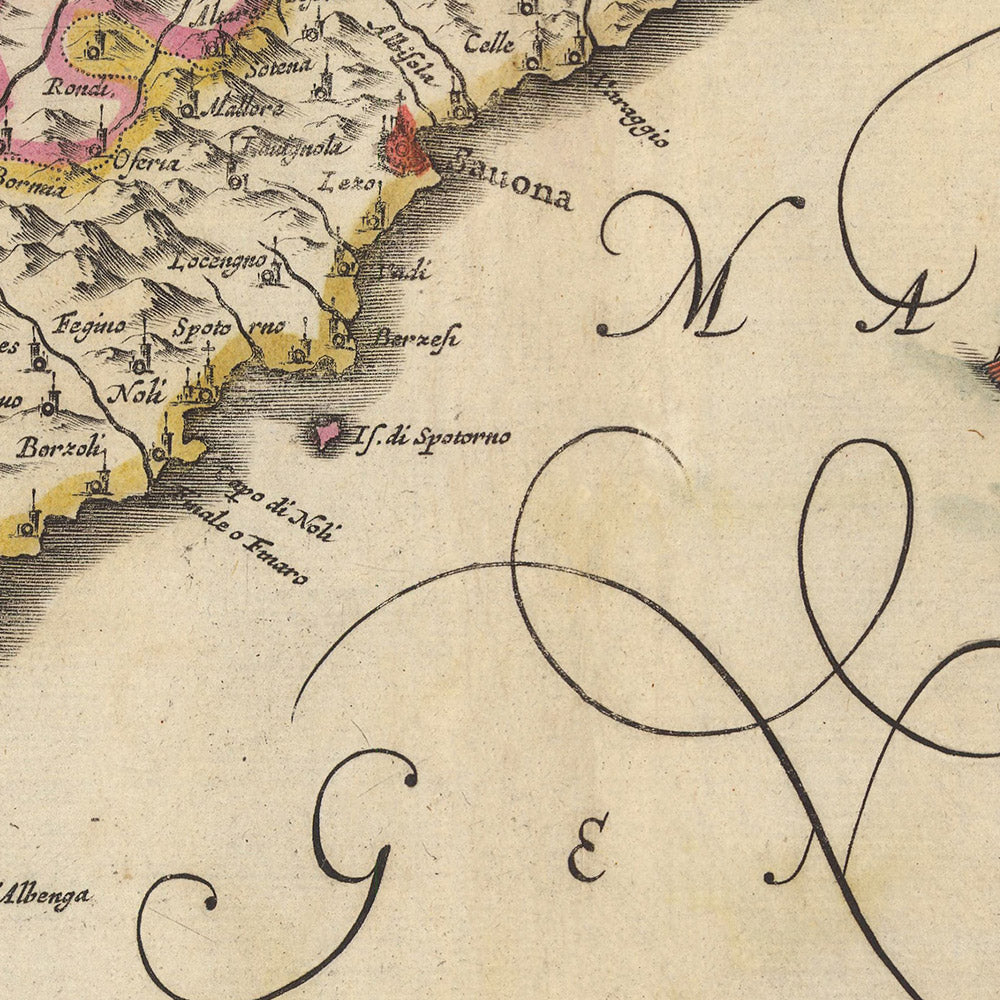 Ancienne carte de la Ligurie et de la République de Gênes par Visscher, 1690 : La Spezia, Nice, Turin, Sanremo, Parc Naturel des Alpes Maritimes