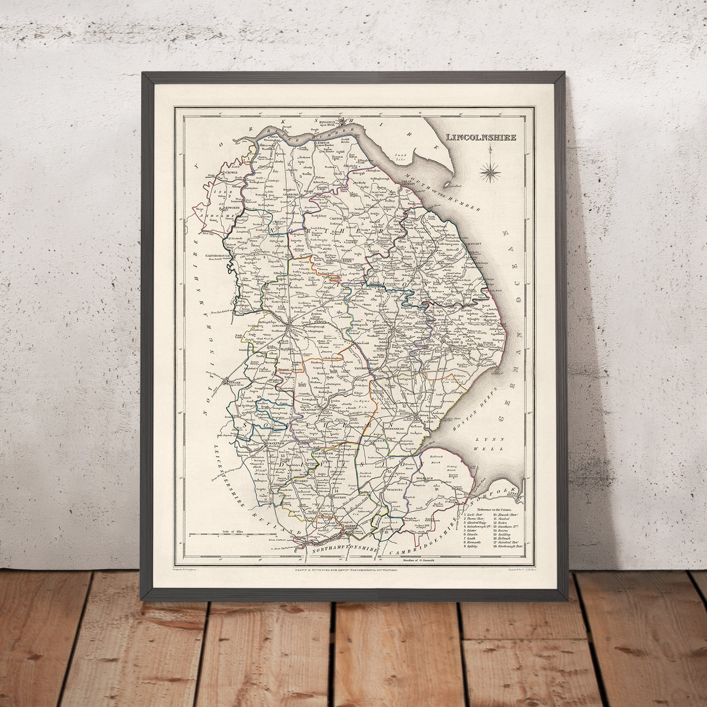 Mapa antiguo de Lincolnshire por Samuel Lewis, 1844: Boston, Grimsby, Spalding, Stamford, Louth