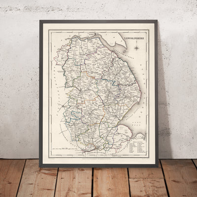 Mapa antiguo de Lincolnshire por Samuel Lewis, 1844: Boston, Grimsby, Spalding, Stamford, Louth