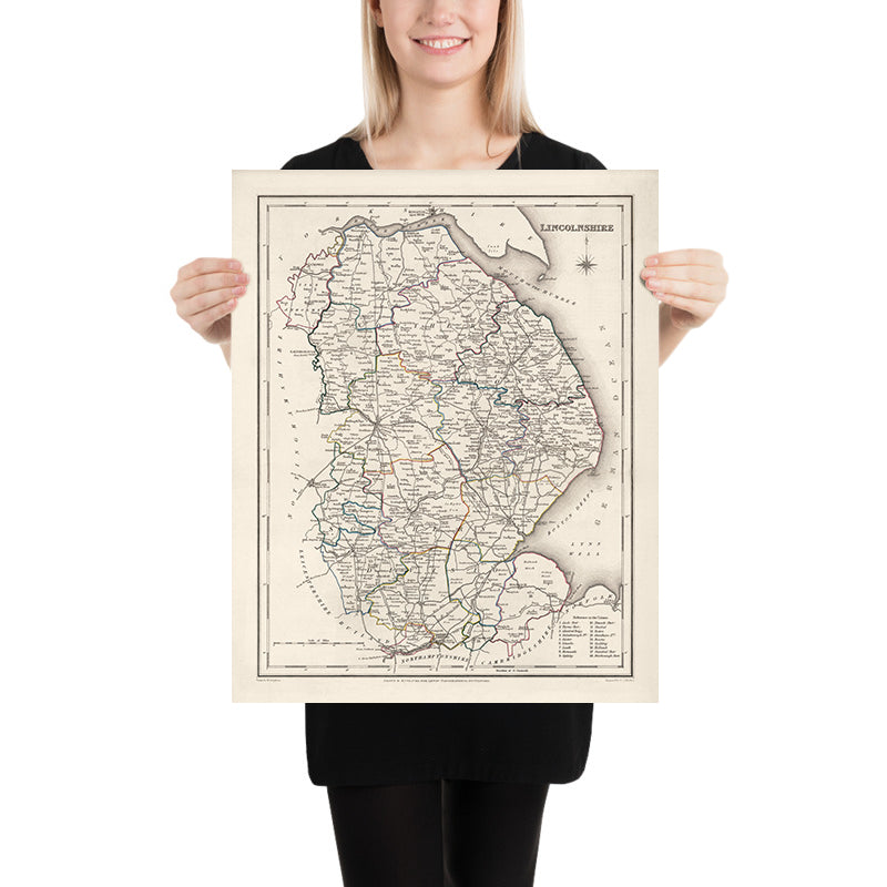 Mapa antiguo de Lincolnshire por Samuel Lewis, 1844: Boston, Grimsby, Spalding, Stamford, Louth