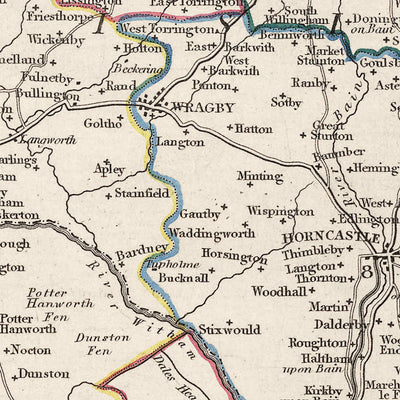 Mapa antiguo de Lincolnshire por Samuel Lewis, 1844: Boston, Grimsby, Spalding, Stamford, Louth