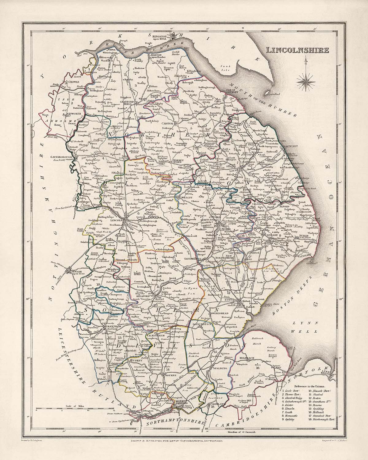 Mapa antiguo de Lincolnshire por Samuel Lewis, 1844: Boston, Grimsby, Spalding, Stamford, Louth