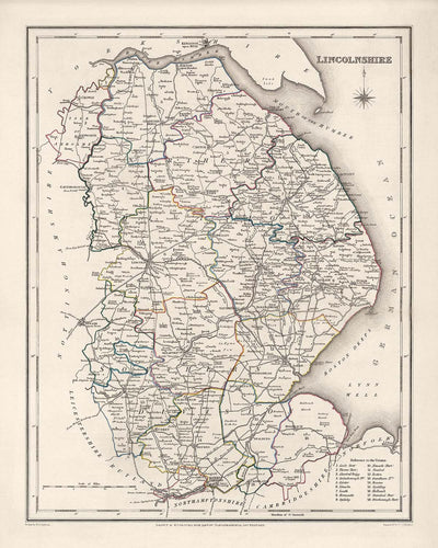 Mapa antiguo de Lincolnshire por Samuel Lewis, 1844: Boston, Grimsby, Spalding, Stamford, Louth