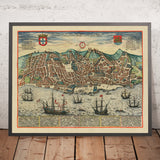 Ancienne carte Birdseye de Lisbonne par Braun, 1596 : Castelo de São Jorge, Catedral Se, Baixa, Bairro Alto, Tage