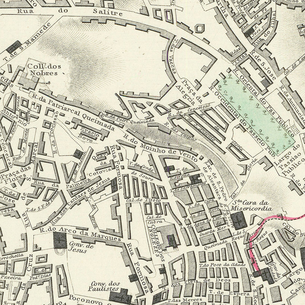Mapa antiguo de Lisboa por SDUK, 1870: Alfama, Bairro Alto, Castillo de S. Jorge, Basílica de Estrella, río Tajo 