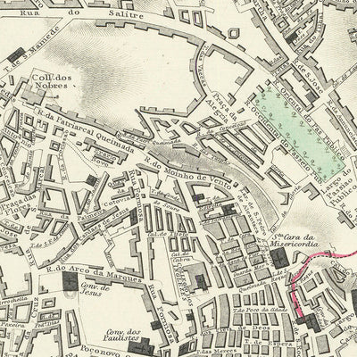 Mapa antiguo de Lisboa por SDUK, 1870: Alfama, Bairro Alto, Castillo de S. Jorge, Basílica de Estrella, río Tajo 