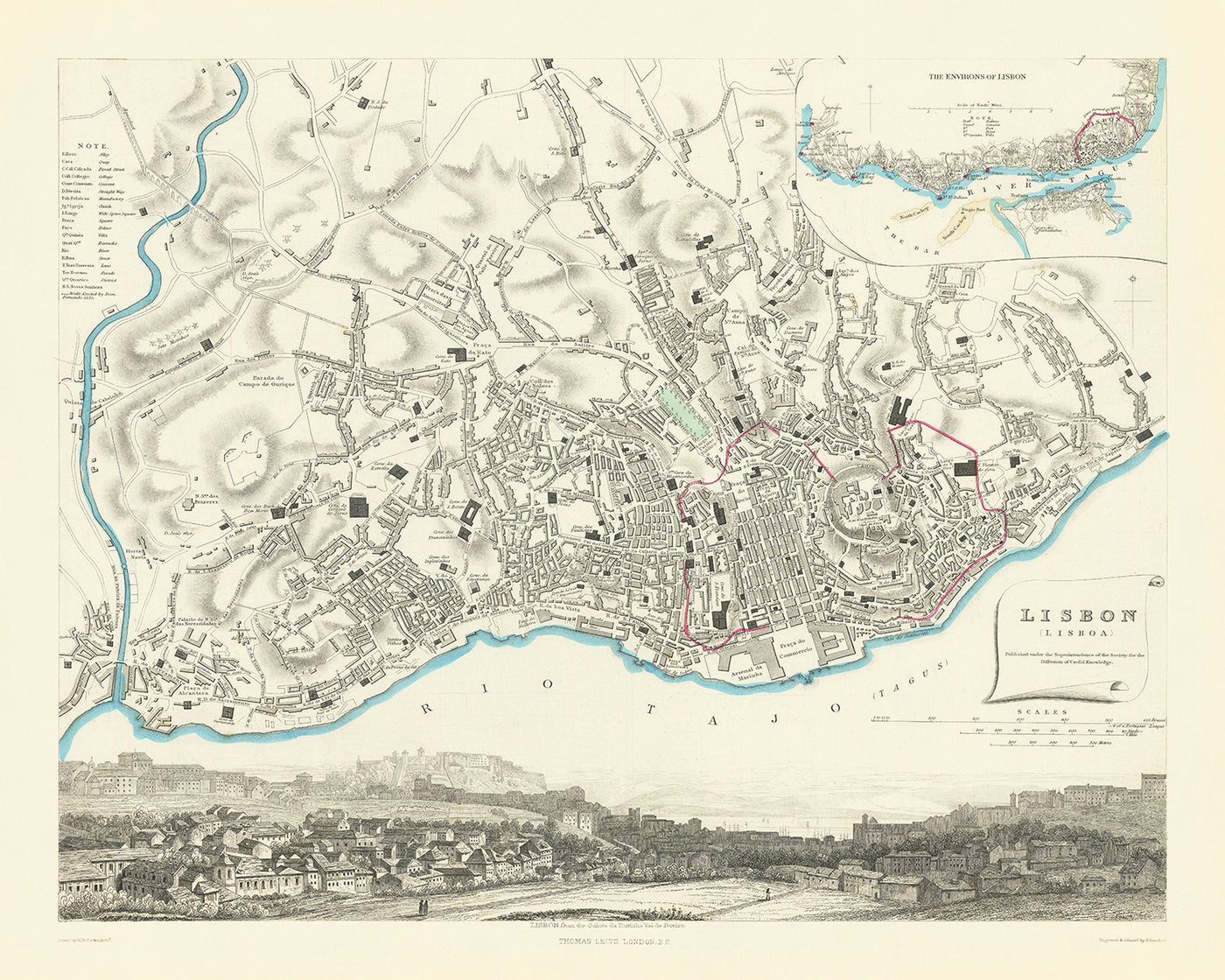 Mapa antiguo de Lisboa por SDUK, 1870: Alfama, Bairro Alto, Castillo de S. Jorge, Basílica de Estrella, río Tajo 