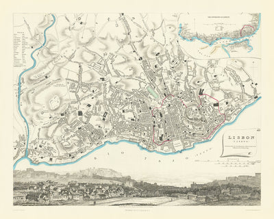 Mapa antiguo de Lisboa por SDUK, 1870: Alfama, Bairro Alto, Castillo de S. Jorge, Basílica de Estrella, río Tajo 