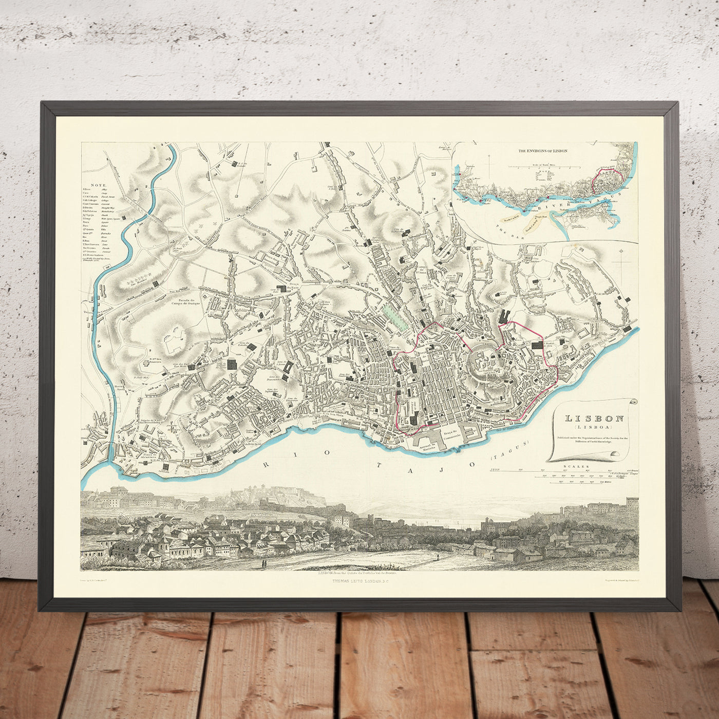 Mapa antiguo de Lisboa por SDUK, 1870: Alfama, Bairro Alto, Castillo de S. Jorge, Basílica de Estrella, río Tajo 