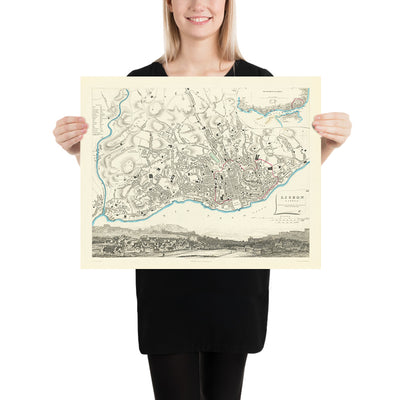 Mapa antiguo de Lisboa por SDUK, 1870: Alfama, Bairro Alto, Castillo de S. Jorge, Basílica de Estrella, río Tajo 