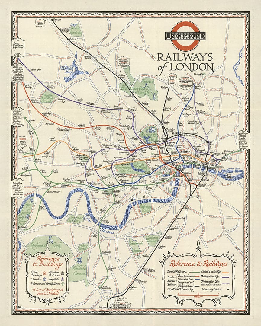 Mapa de tubos subterráneos Rare Old London, 1928 - Covent Garden, Piccadilly Circus, Central & District Line