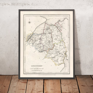 Mapa antiguo del condado de Londonderry por Samuel Lewis, 1844: Coleraine, Limavady, Magherafelt, Portstewart y las montañas Sperrin